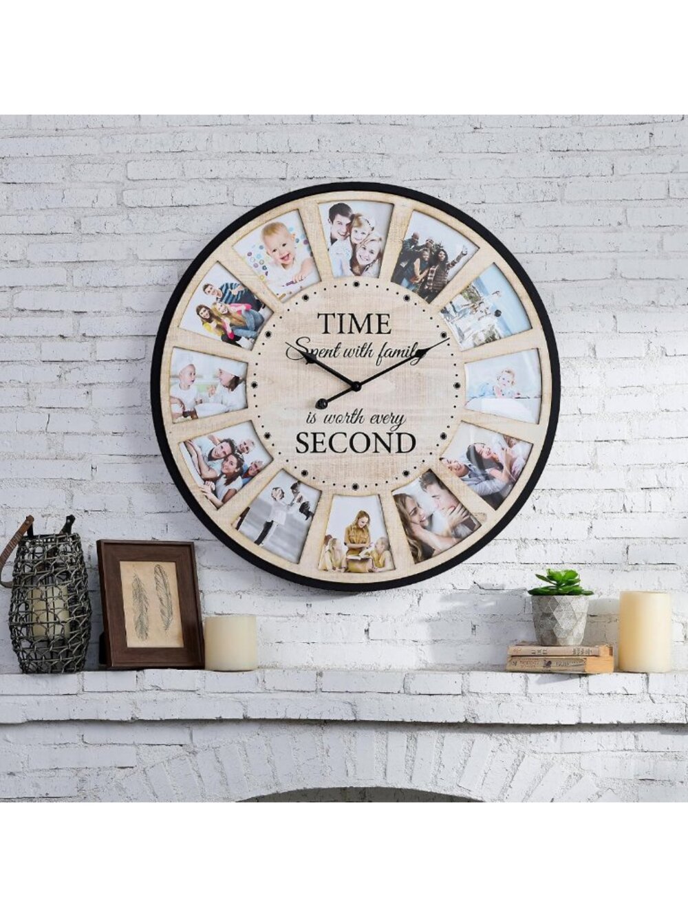 Vintage Rustic Collage Wall Clock with 12 Picture Frames, 24" Farmhouse Decor